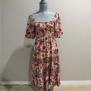 Chic Floral Midi Dress in Red and Cream